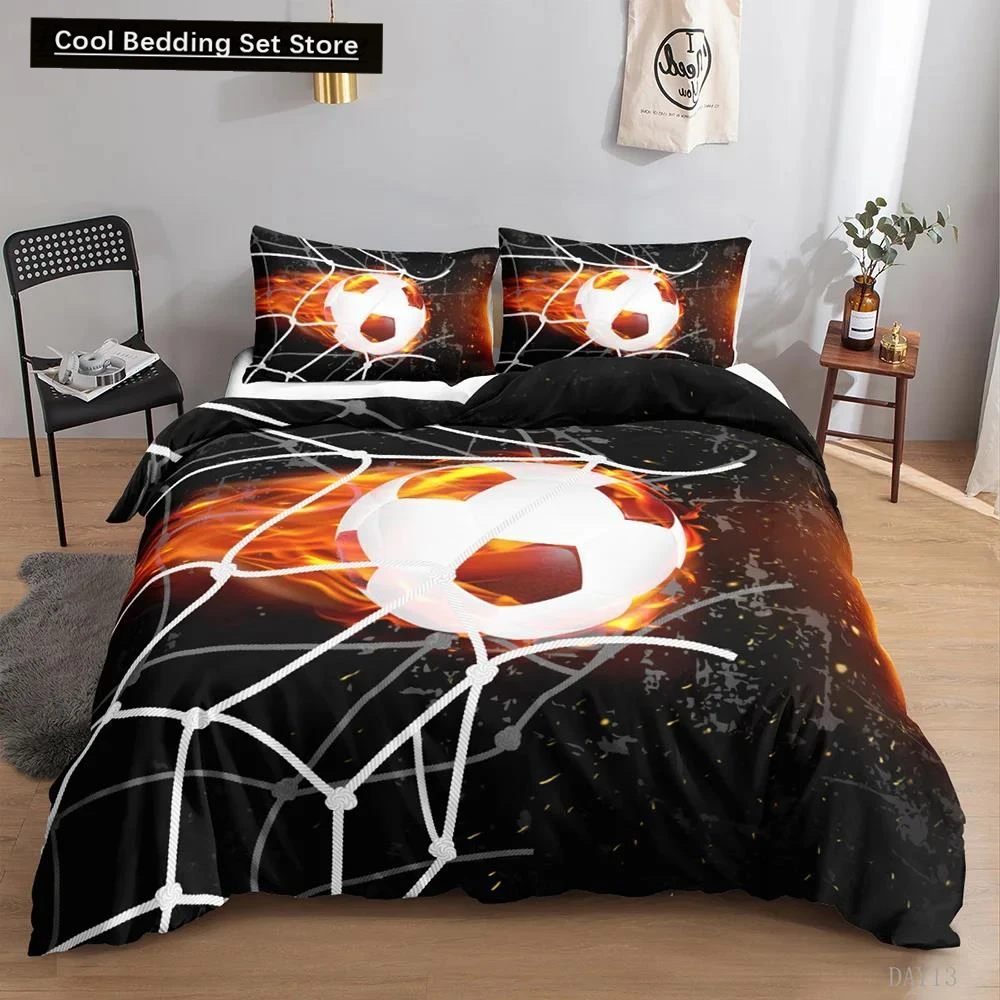 

Football Duvet Cover Set 3D Football with Fire Teen Bedding Sets Boys Sports Twin Double Queen King Size Polyester Qulit Cover