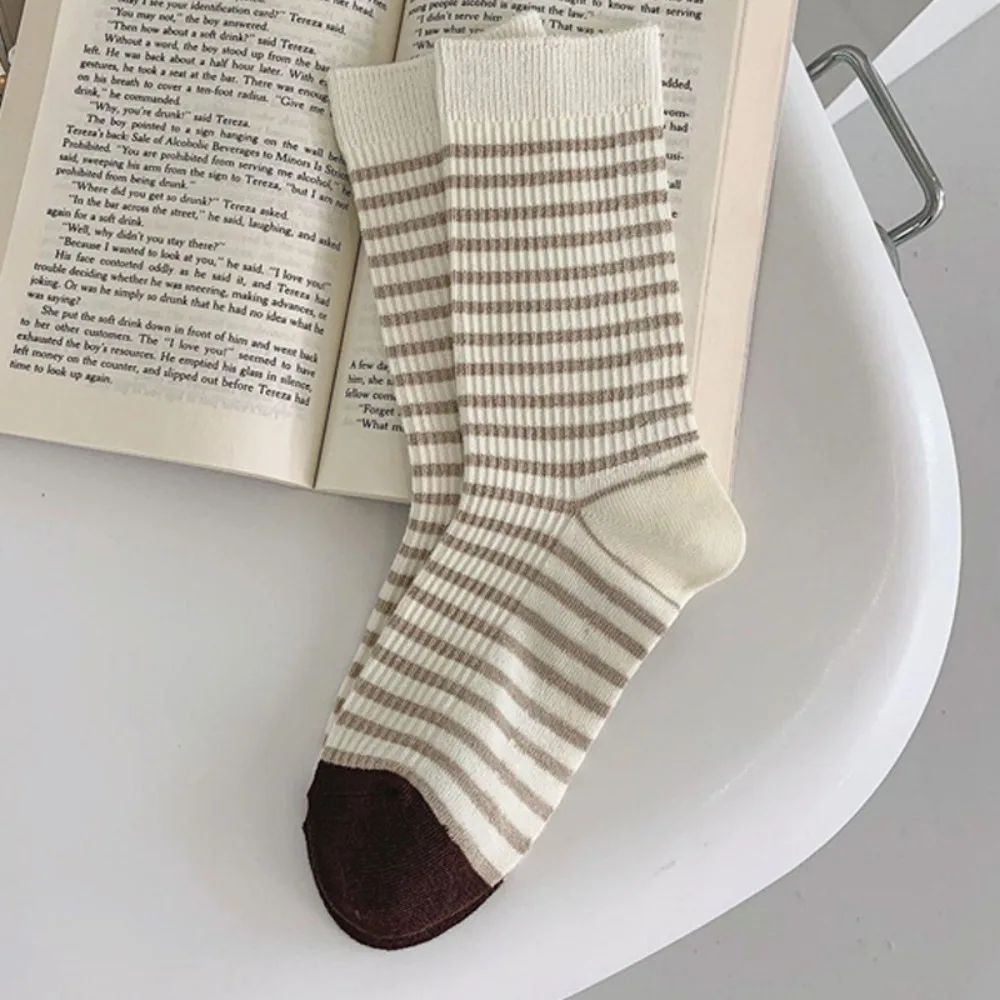 

Retro Cotton Stripe Socks Double-layer Thickened Middle Tube Socks Japanese Style Knitted Seamless Socks For Women Girls