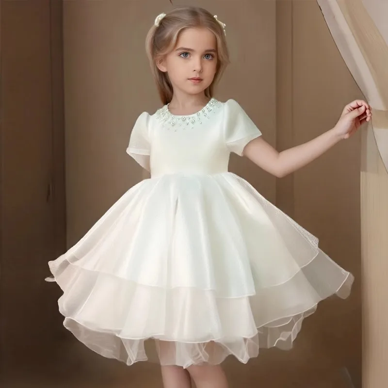 

European and American style white girls party dresses 1-12 years flower wedding dress piano performance clothes