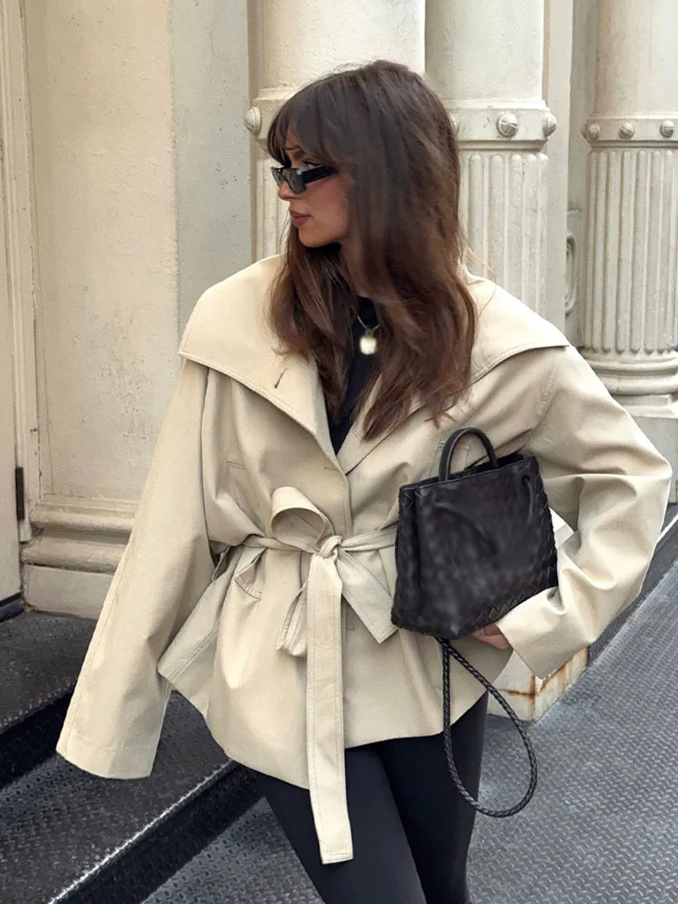 HH Women Lapel High Street Short Coat Wear Belt Single-breasted Solid Women Autumn Fashion Pockets Long Sleeves Jackets