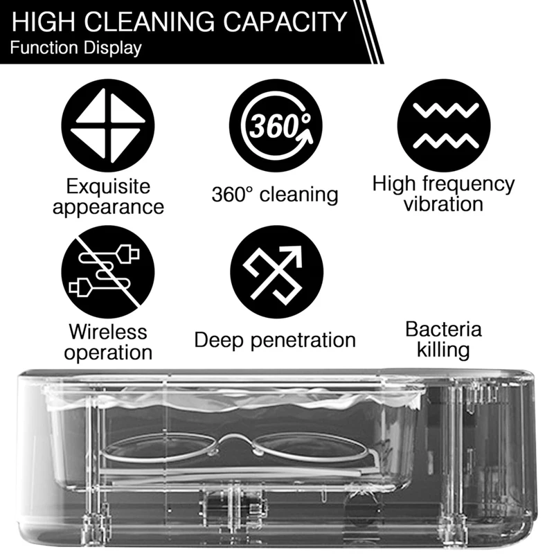 Portable Ultrasonic Cleaner 45Khz Low Noise Glasses Cleaner 3 Modes Of Cleaning (Chargeable Version)