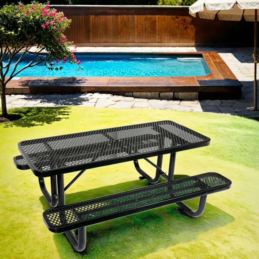 

6 ft. Rectangular Outdoor Steel Picnic Table with Umbrella Pole, Heavy-Duty Weather-Resistant Dining Table for Patio, Backyard,