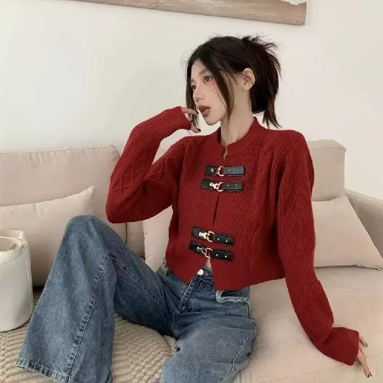 Sweater kardigan kulit gesper pelintir wanita, Sweater rajut Harajuku Korea Y2k lengan panjang, kardigan pendek longgar