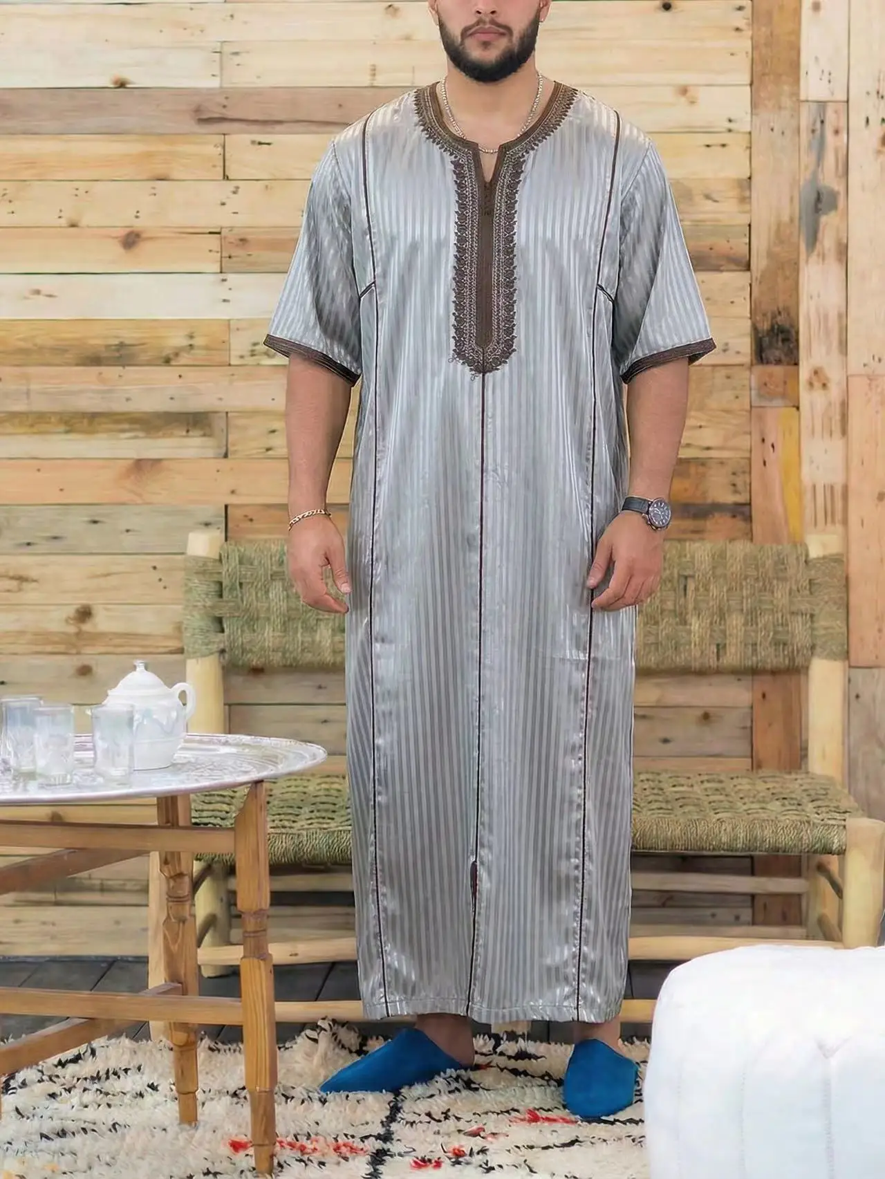 Muslim Men's Morocco Gandoura Thobe Loose Short Sleeves Gorgeous Embroidery Comfortable Islamic Men's Traditional Clothing Party