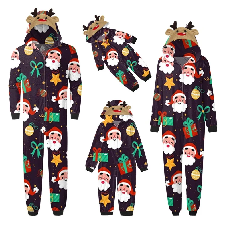 การจับคู่ครอบครัวชุดนอนคริสต์มาสชุดการ์ตูน Elk Santa Snowflake Deer พิมพ์ Hooded แขนยาว Zipper-Up Romper