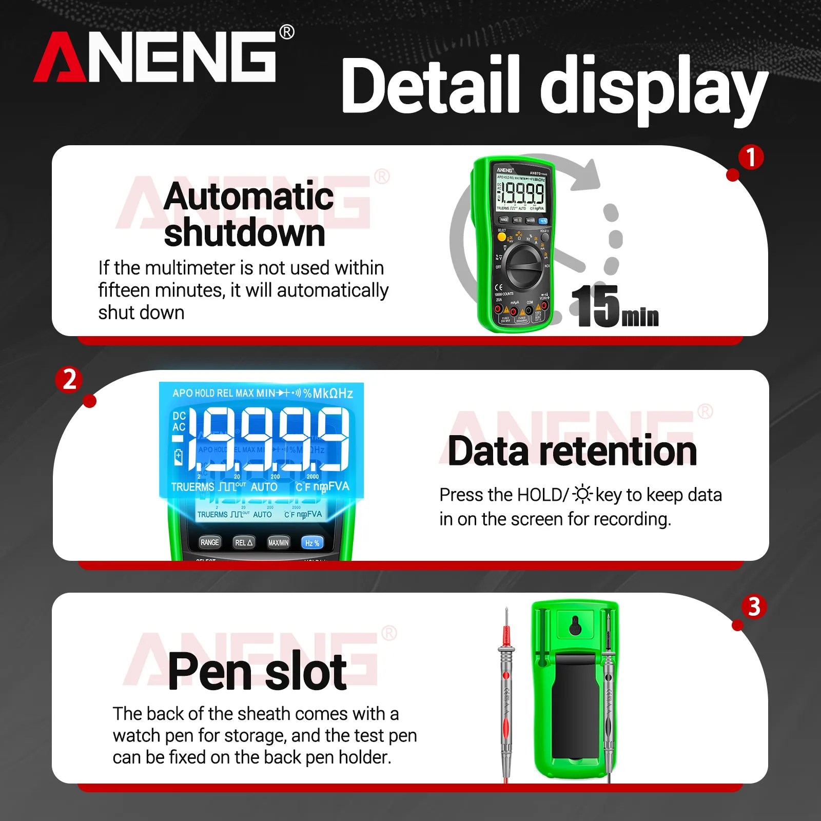 ANENG AN870 Digital Multimeter 19999 Counts 1000V DC 750V AC NCV Temp Capacitance Frequency Duty Cycle Backlight Circuit Tester view 3
