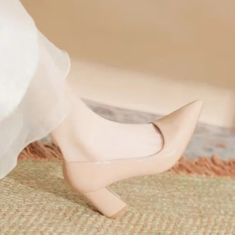 كعب أقدام غير متعب للخريف جديد بمقدمة مدببة من الجلد اللامع كعب غير قابل للانزلاق فردي #4