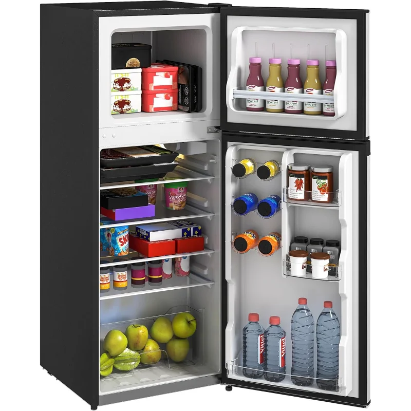 HOMCOM 4 Cu.Ft Mini Fridge with Freezer, Double Door Compact Refrigerator with Adjustable Thermostat, Shelf and Reversible Door