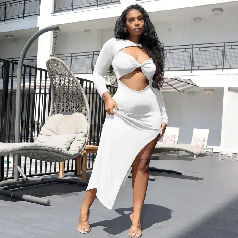 GUWU Sexy High Split Maxi Dress Women Evening Party Cut Out Long Sleeve Bodycon Dress Elegant Club Rave Festival Birthday Dress