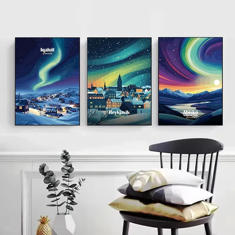 أورورا ليلة تافيل مدن أيسلندا كندا النرويج الشتاء الغابات المشهد المشارك حائط لوح رسم الفن صور ديكور المنزل