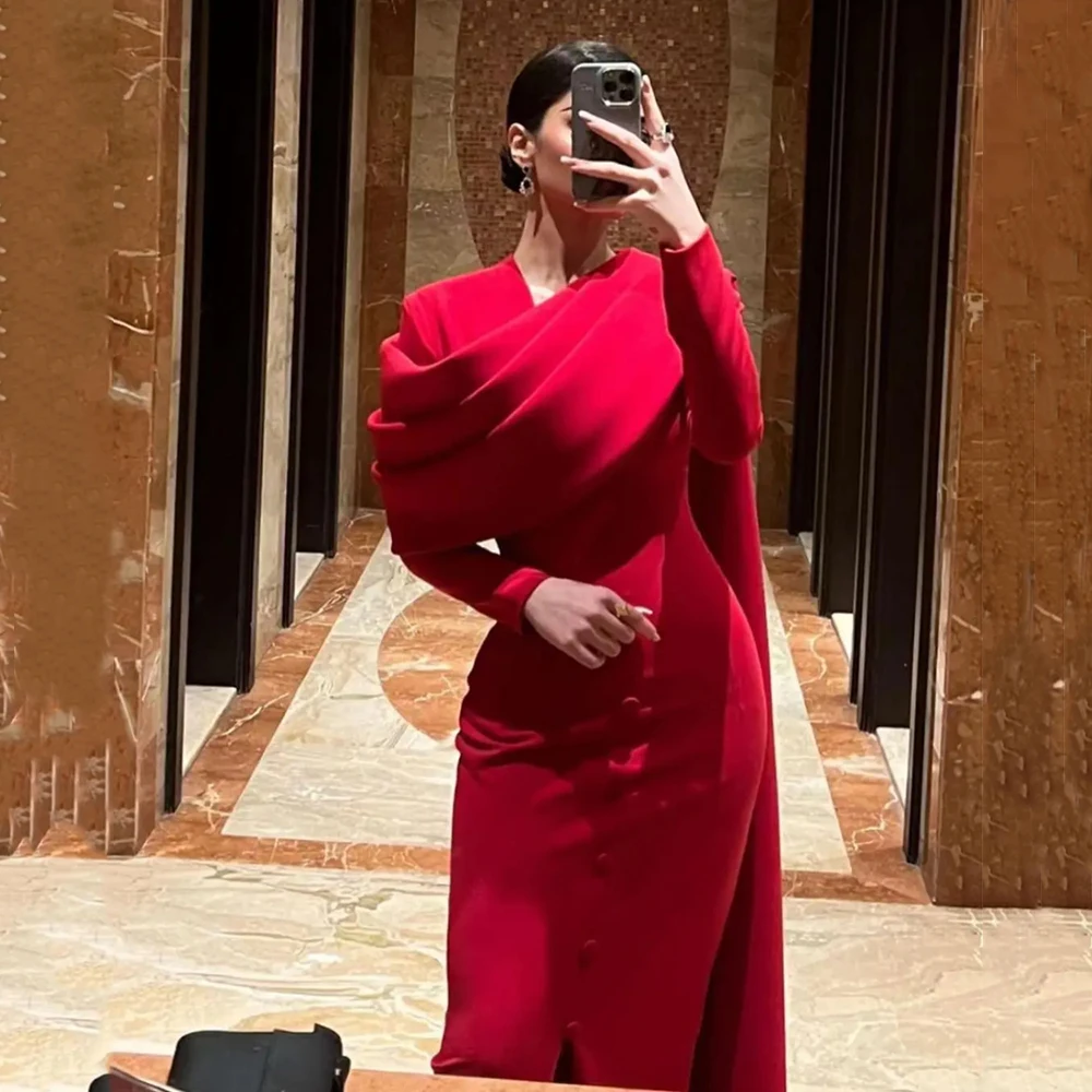 

Yipeisha Fashion Red Simple Jersey Evening Dress irregularity V-neck with Sweep Train Fake Button Sheath Formal Party Gowns