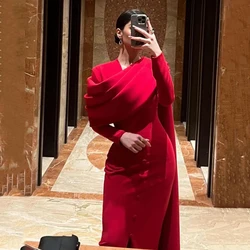 Customized Fashion Red Simple Jersey Evening Dress irregularity V-neck with Sweep Train Fake Button Sheath Formal Party Gowns