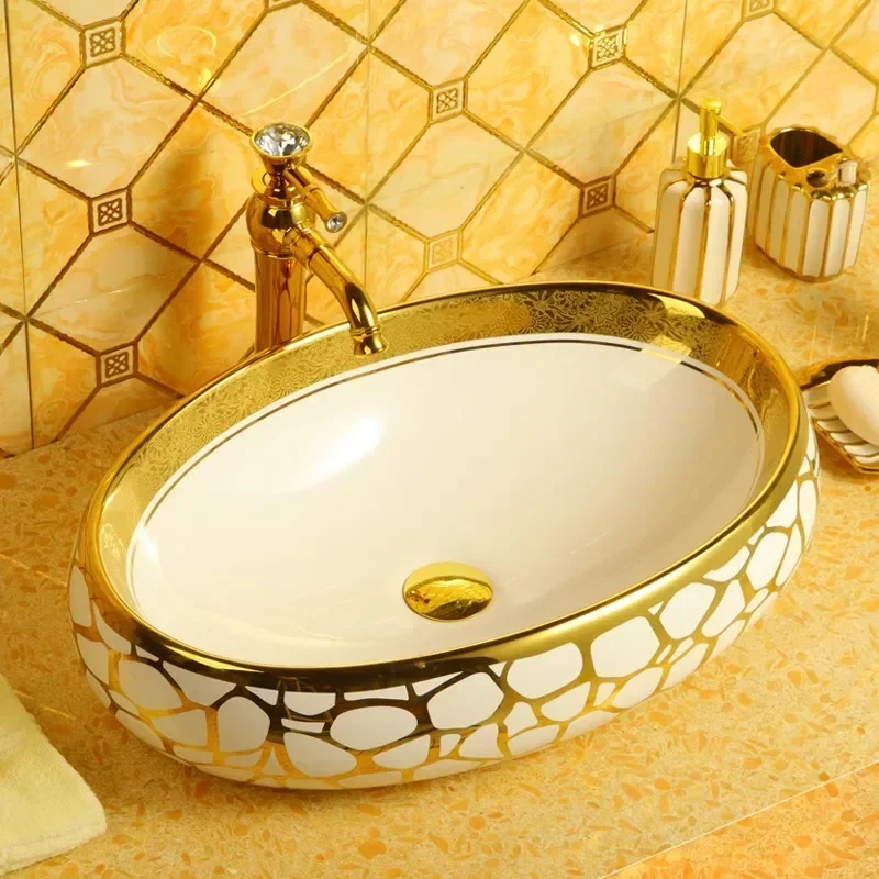 Lavabo da tavolo in oro in stile europeo, lavabo in ceramica artistica, lavabo da tavolo rettangolare in oro per uso domestico