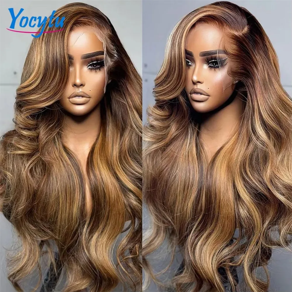 13X4 Highlight Perücke Echthaar 26 Zoll Körperwelle Echthaar Perücken 4/27 Honigblonde Echthaarperücke Ombre Braun gefärbte Echthaarperücken – Detail 6