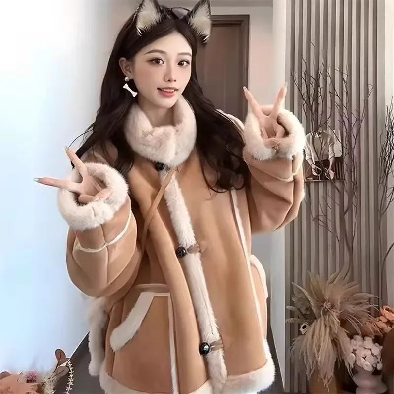 Integrated Fur And Plush Loose Winter Coat Women's 2025 New Thicken Patchwork Warm Fluffy Coat Stand Collar Outerwear