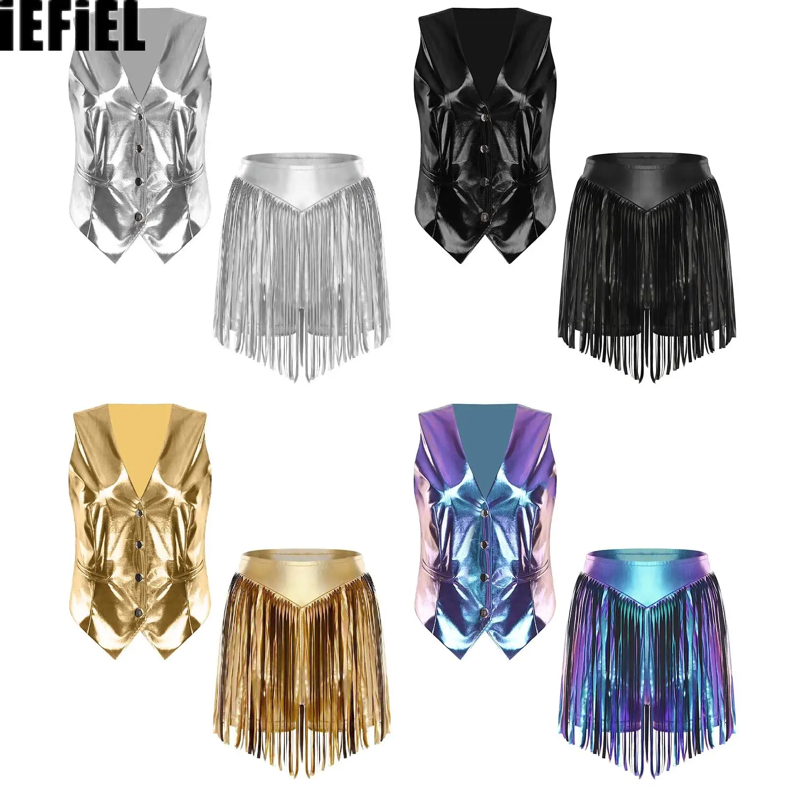 

Womens Metallic Club Outfit Iridescent V Neck Front Button-down Vest And High Waist Fringed Booty Shorts for Stage Dance Jazz