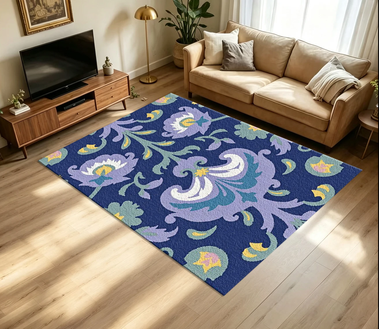 Vintage Folk Art Floral Carpet Flooring Deep Blue Base Purple Turquoise Ornamental Flower Repeating Pattern Printed Floor Rug for Household Home Decoration