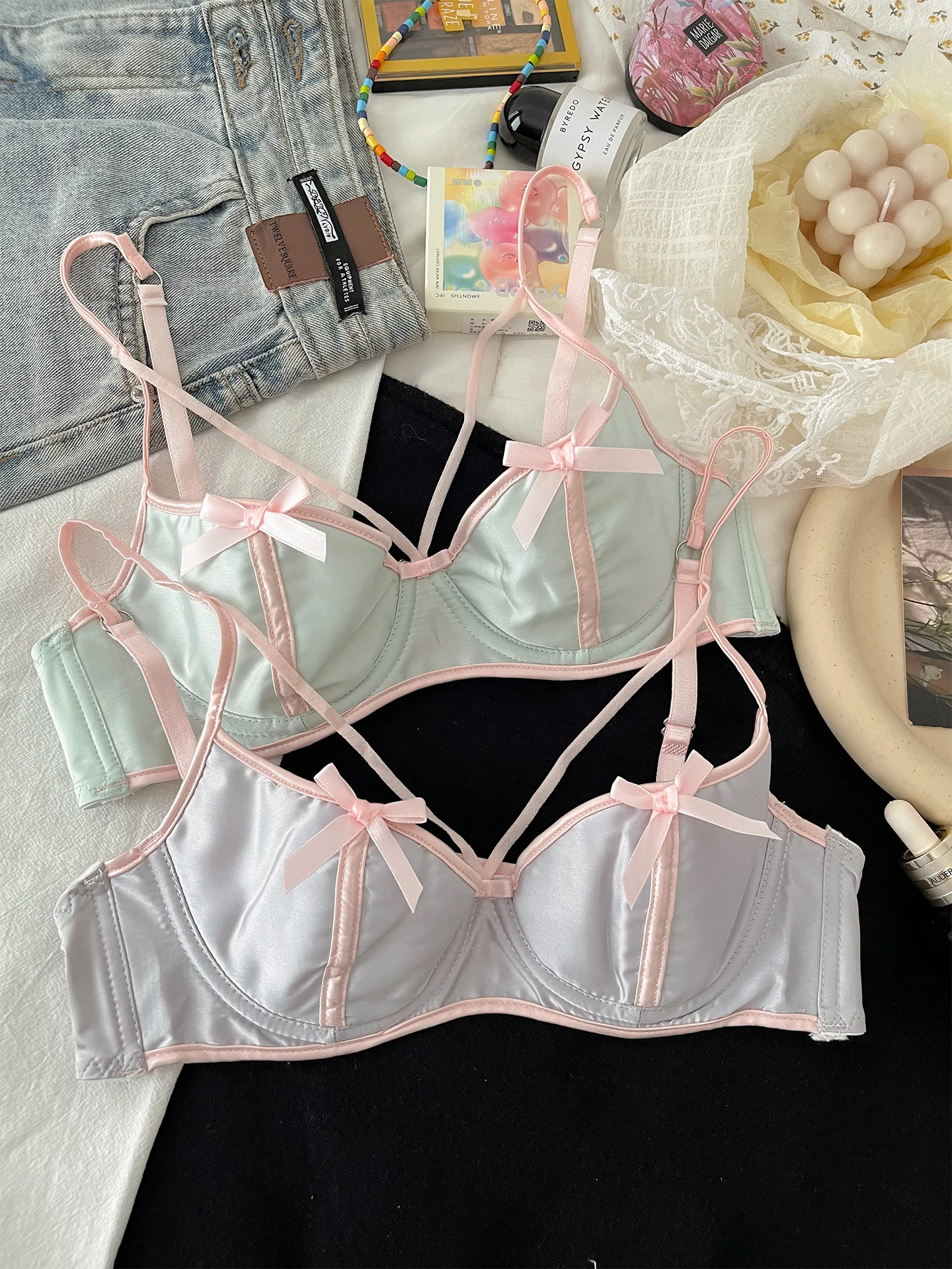 French Satin Lingerie Chest Gathered Lolita Girl Hollow Sexy Soft Steel Ring Collection Accessory Breast Anti Sagging Bra