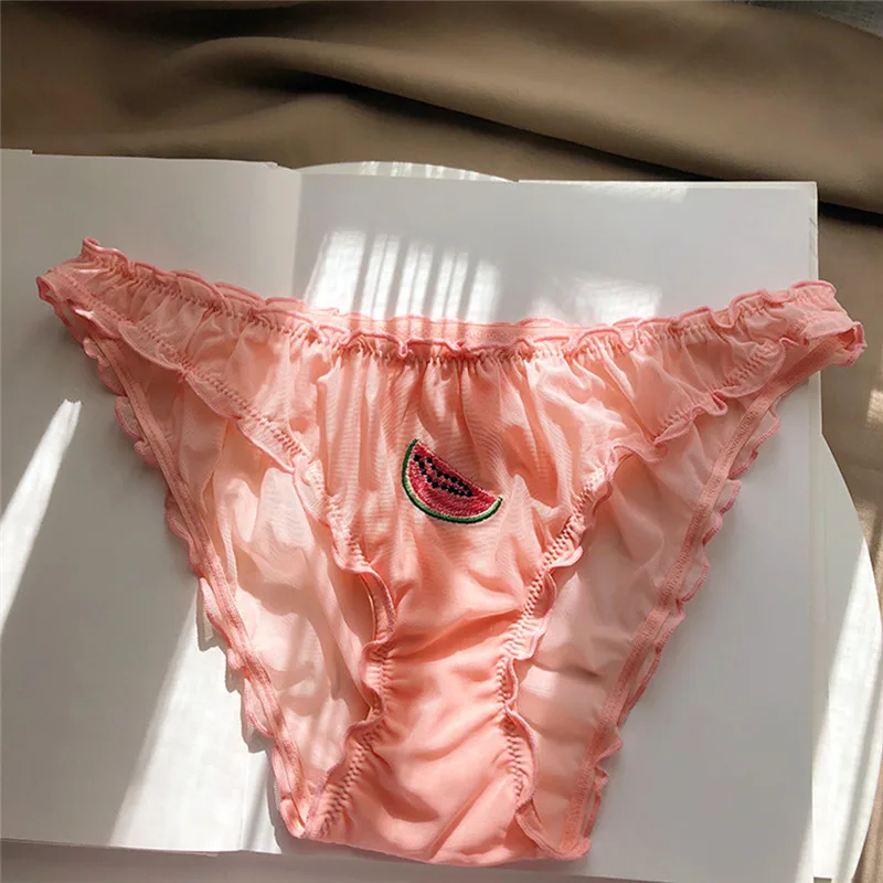 New  Sexy Women Panties Lady Briefs Low Waist Lace Knickers Kawaii Fruit Print Bikini Flounce Sweet Lacework  Pants