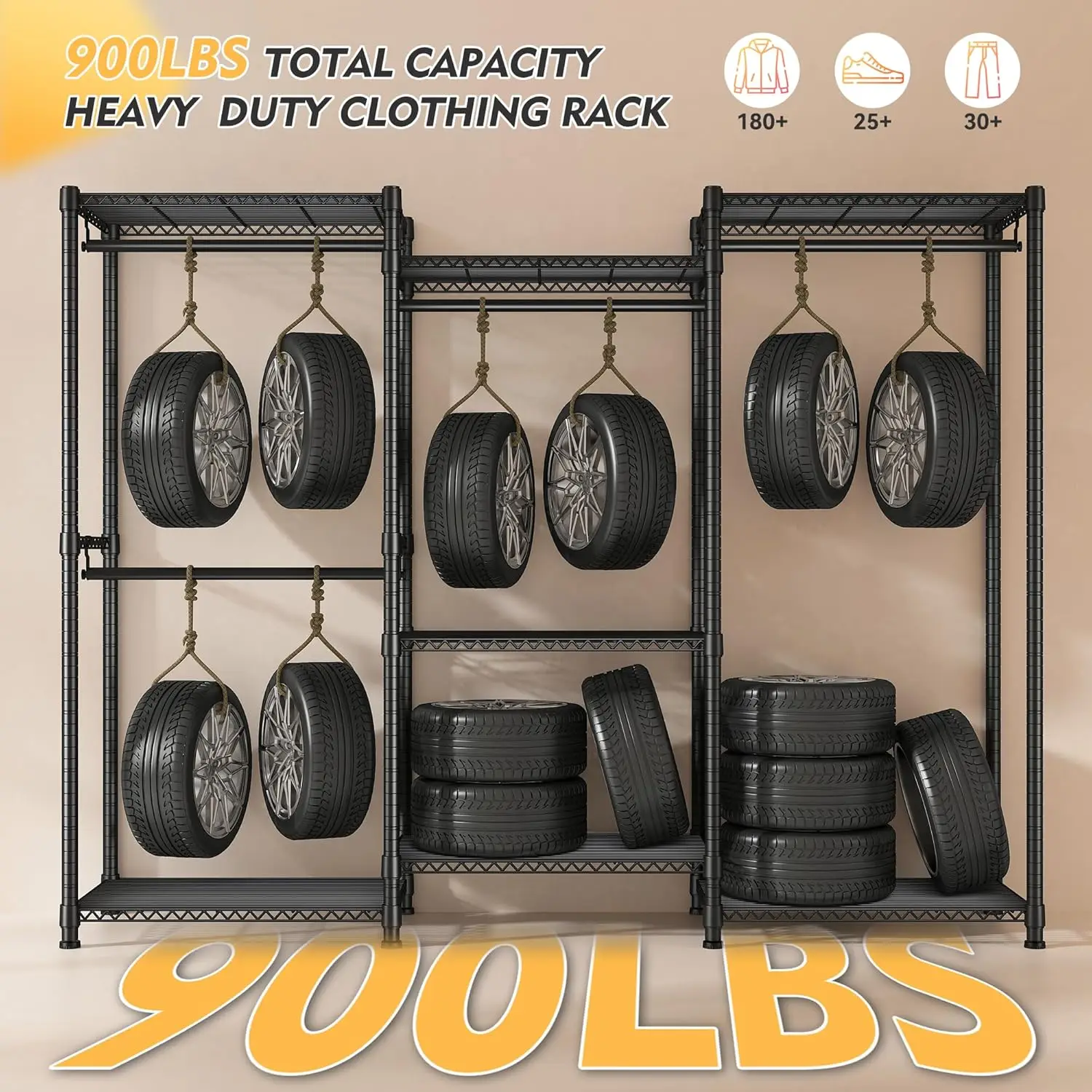 頑丈な衣類ラック 耐荷重900ポンド ワードローブ クローゼット、寝室用自立式衣類ラック 高さ77インチ x 幅69インチ x 奥行き16インチ