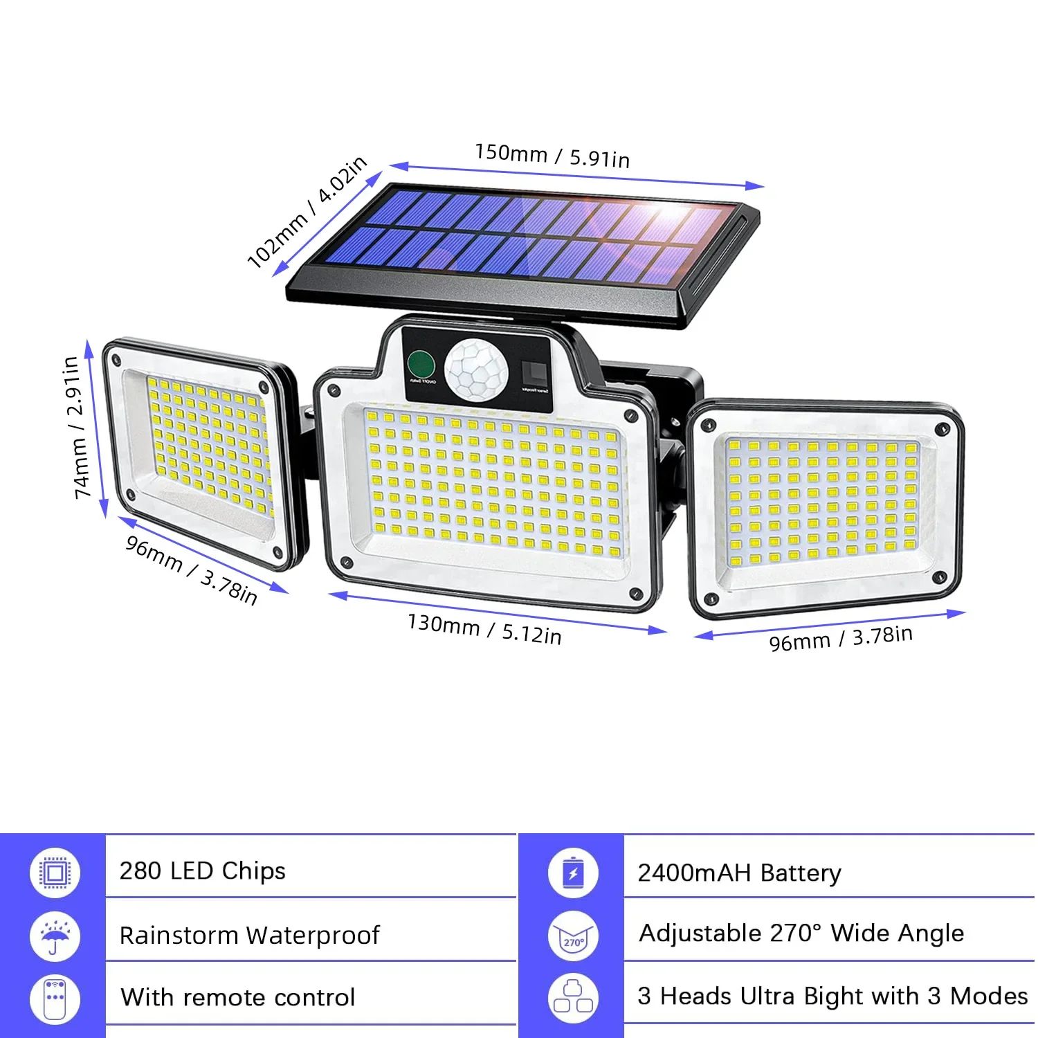 3 Head Outdoor Solar Lights Solar Motion Sensor Lights 280LED Security Solar Wall Lamp With 3 Modes Waterproof Flood Lights