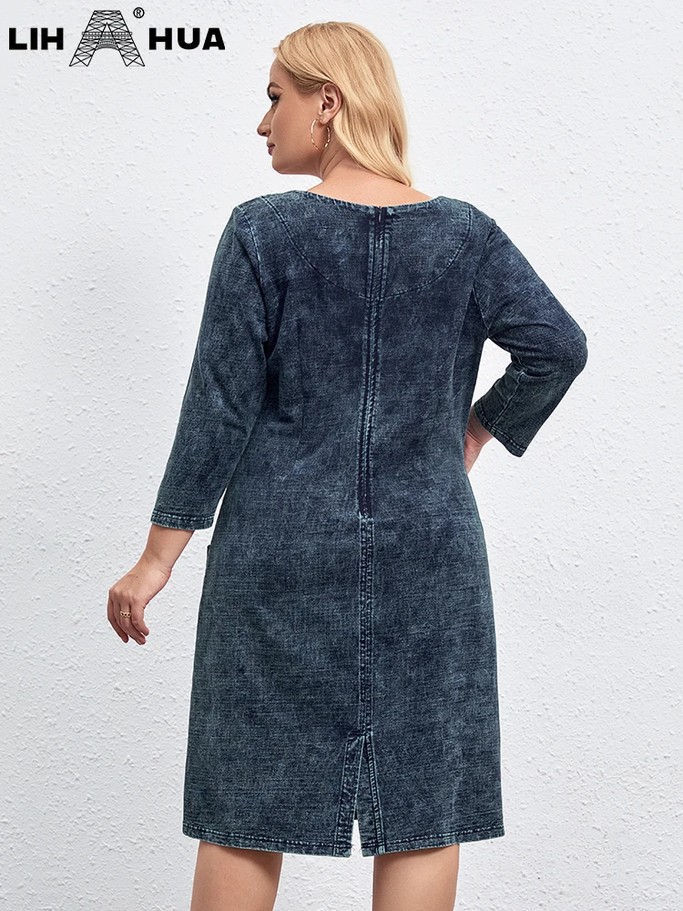 LIH HUA Denimjurk voor dames in grote maten Herfst katoenen gebreide casual mode-jurk met ronde hals