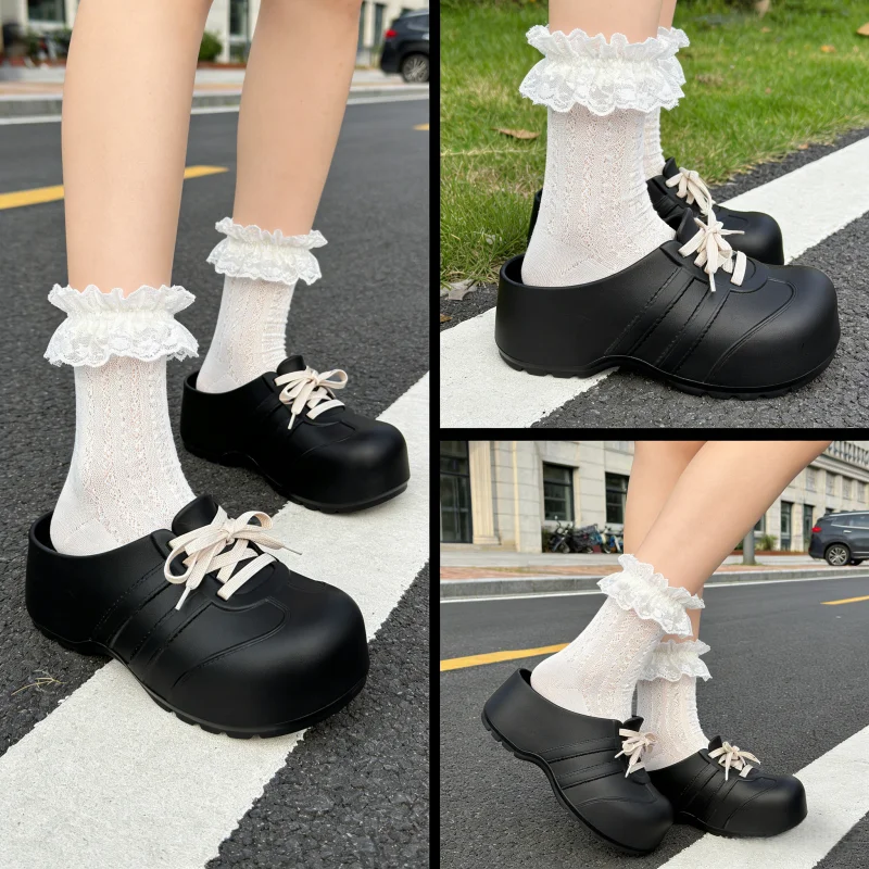 Soft Thick Bottom Lace Up Decoration Clogs Women Summer 2026 Light Weight EVA Mules Slippers Woman's Height Increase Sneakers