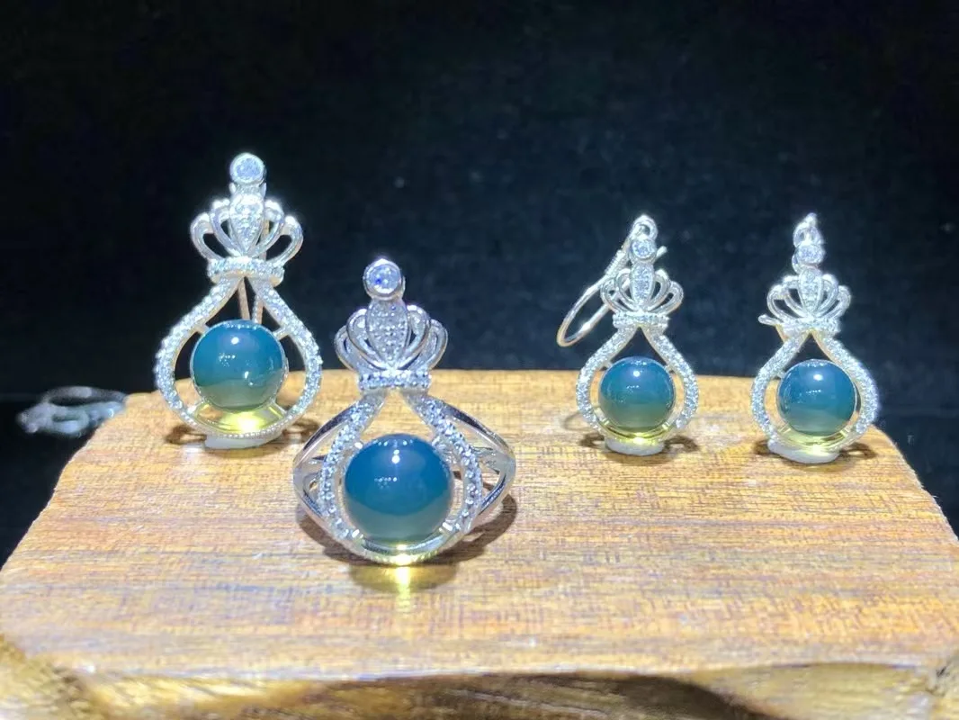 

NaturalBlue Amber Jewelry Set7mm Earrings 8mm Ring 9mm Pendant W Crown Design PerfectGift For HerEngagement Birthday Anniversary