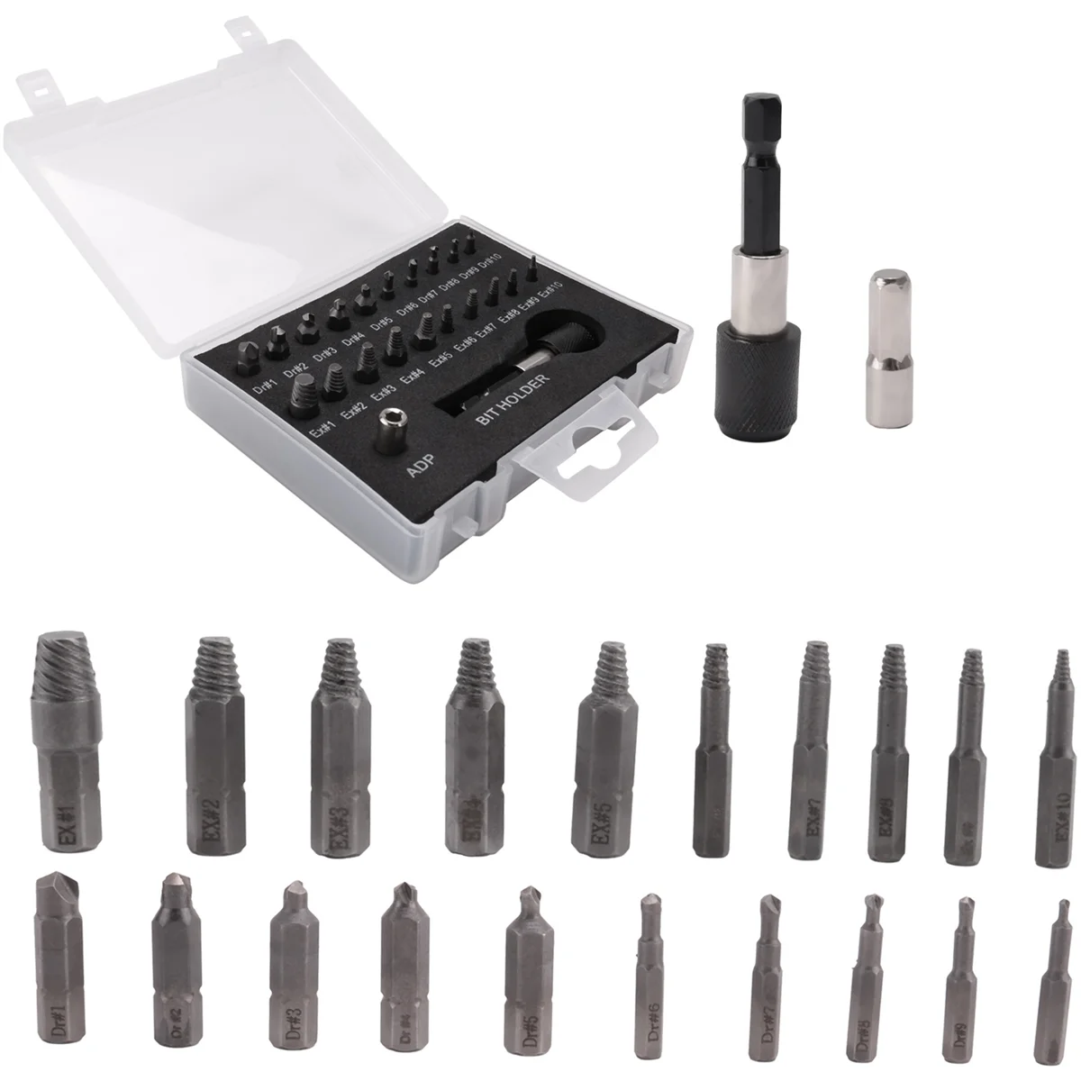 Juego de extractores de tornillos dañados, kit de extractores de tornillos pelados de 22 piezas, juego de extractores de tornillos rotos HSS con adaptador de broca y enchufe