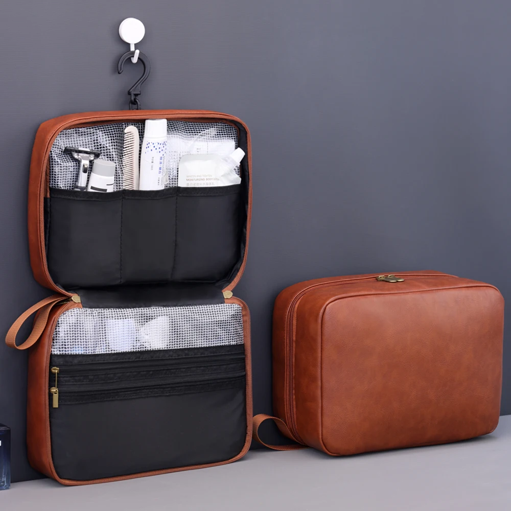 Retro PU Leather Men Travel Toiletry Pouch Waterproof Cosmetic Storage Bag Handheld Large Capaci Women Handbag Bathroom Case
