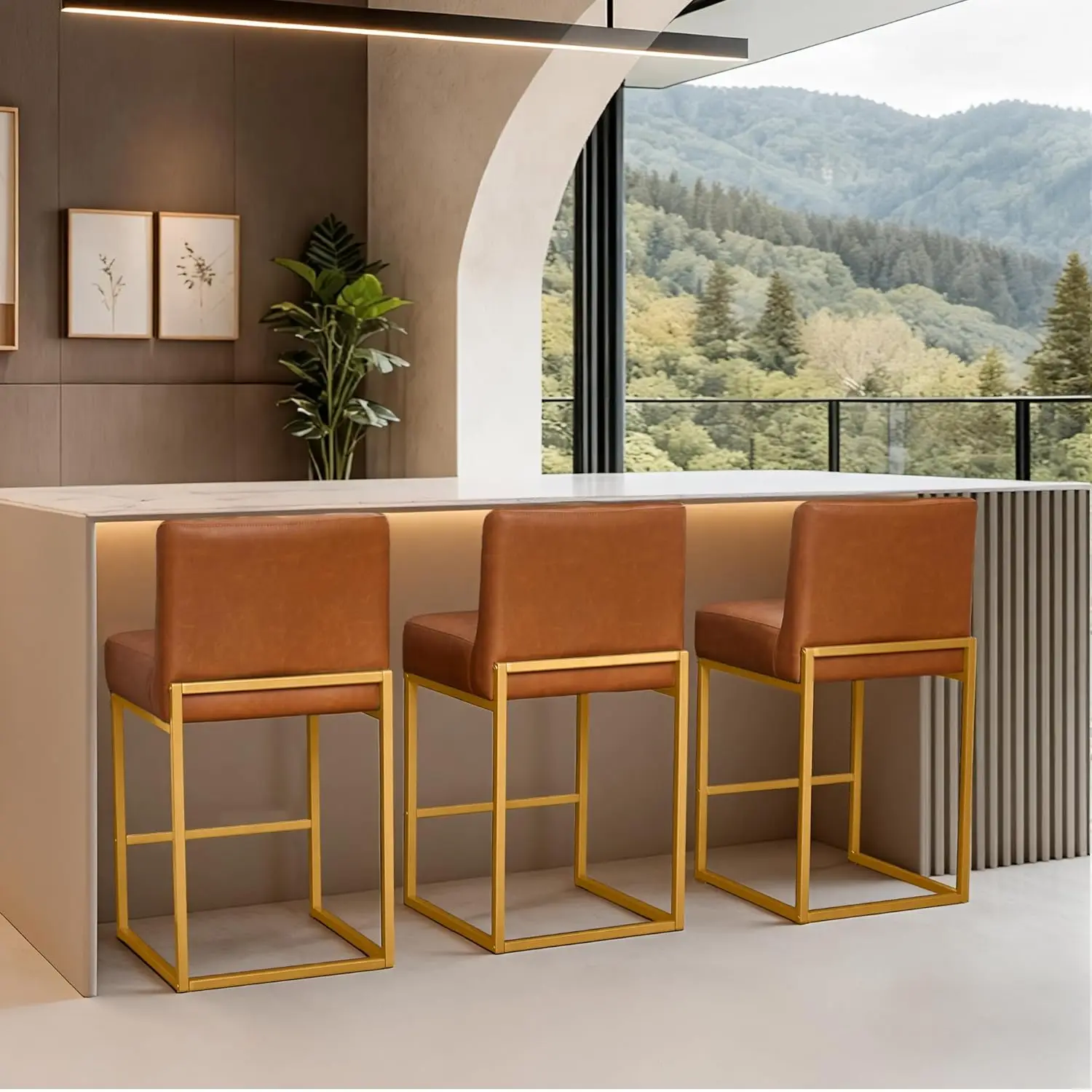 

26" PU Leather Counter Height Bar Stool with Back & Metal Gold Frame, Kitchen Use, Set of 3, Camel Brown, Customized