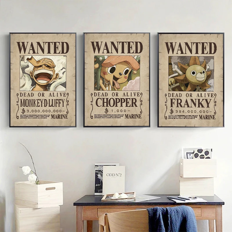 Anime Cartoon Character Wanted Poster Marine Pirate Comic Canvas Painting Vintage Wall Art for Living Room Home Decor Gift