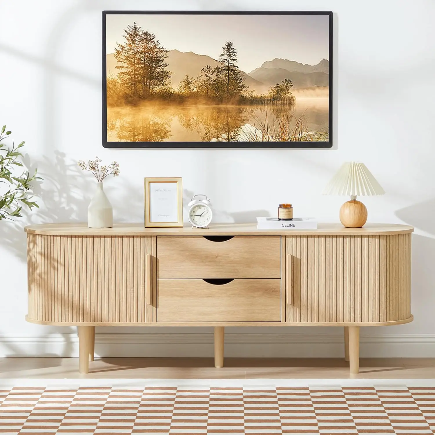 

Modern TV Stand Media Console Sliding Door 2 Drawers Storage Living Room Bedroom Office Natural, Customized