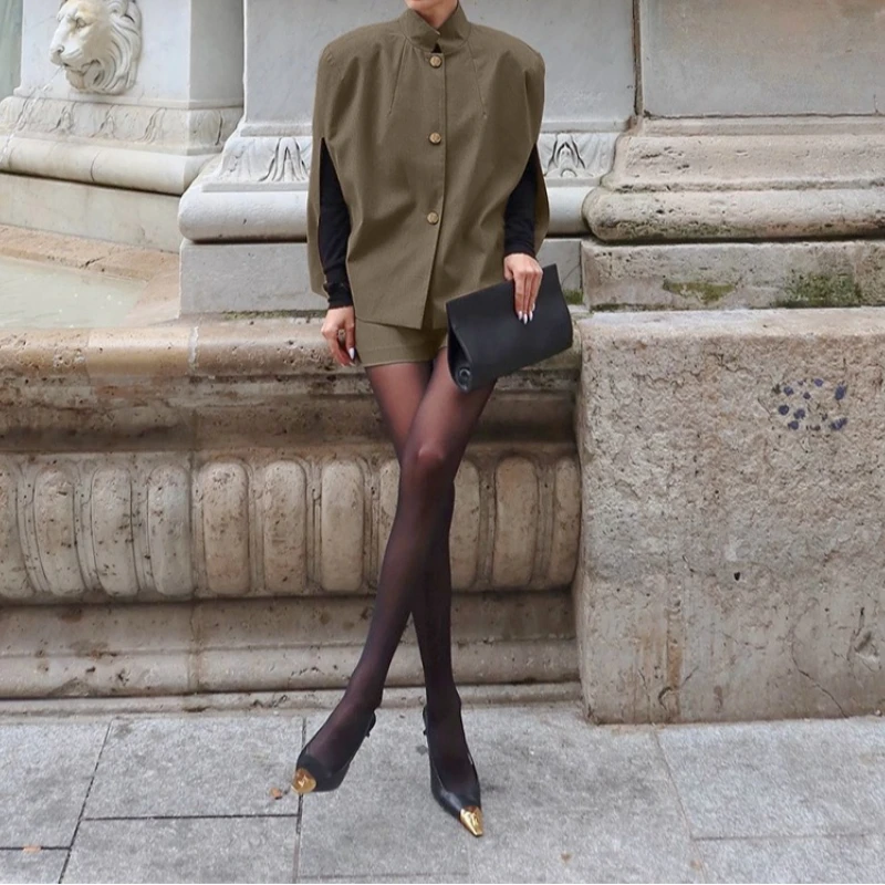 Retro Khaki Shorts Set Lady Autumn Outfits Casual Wide Leg Short Pants Set Women Solid Single Breasted Stand Collar Top Suit