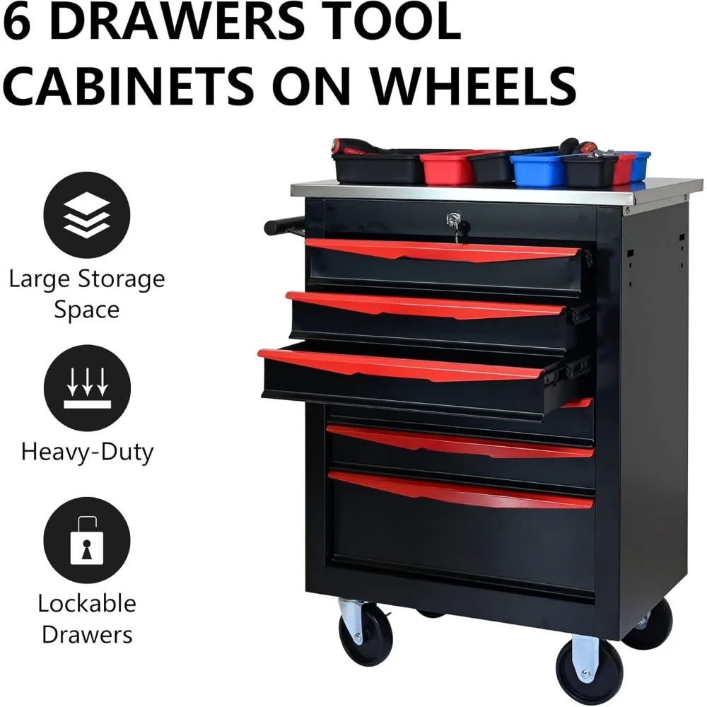 6-Drawer Multifunctional Stainless Steel Rolling Tool Cart with Wheels, Heavy-Duty Metal Storage Cabinet and Tool Box