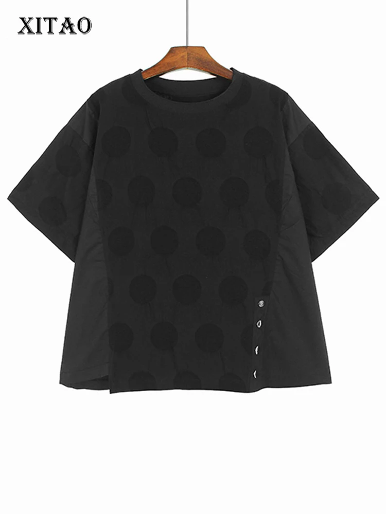 

XITAO Irregular Patchwork Dot T-shirts Fashion Trend Single Breasted Hem Women Summer New Loose All-match O-neck Top LYD1861