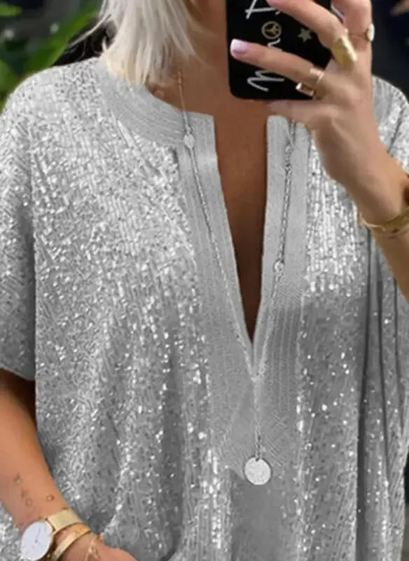 Women Blouses and Tops 2023 Large Size Designers Summer Short Sleeve V Neck Sequin Splic Long Shirts Womans Clothing New Fashion