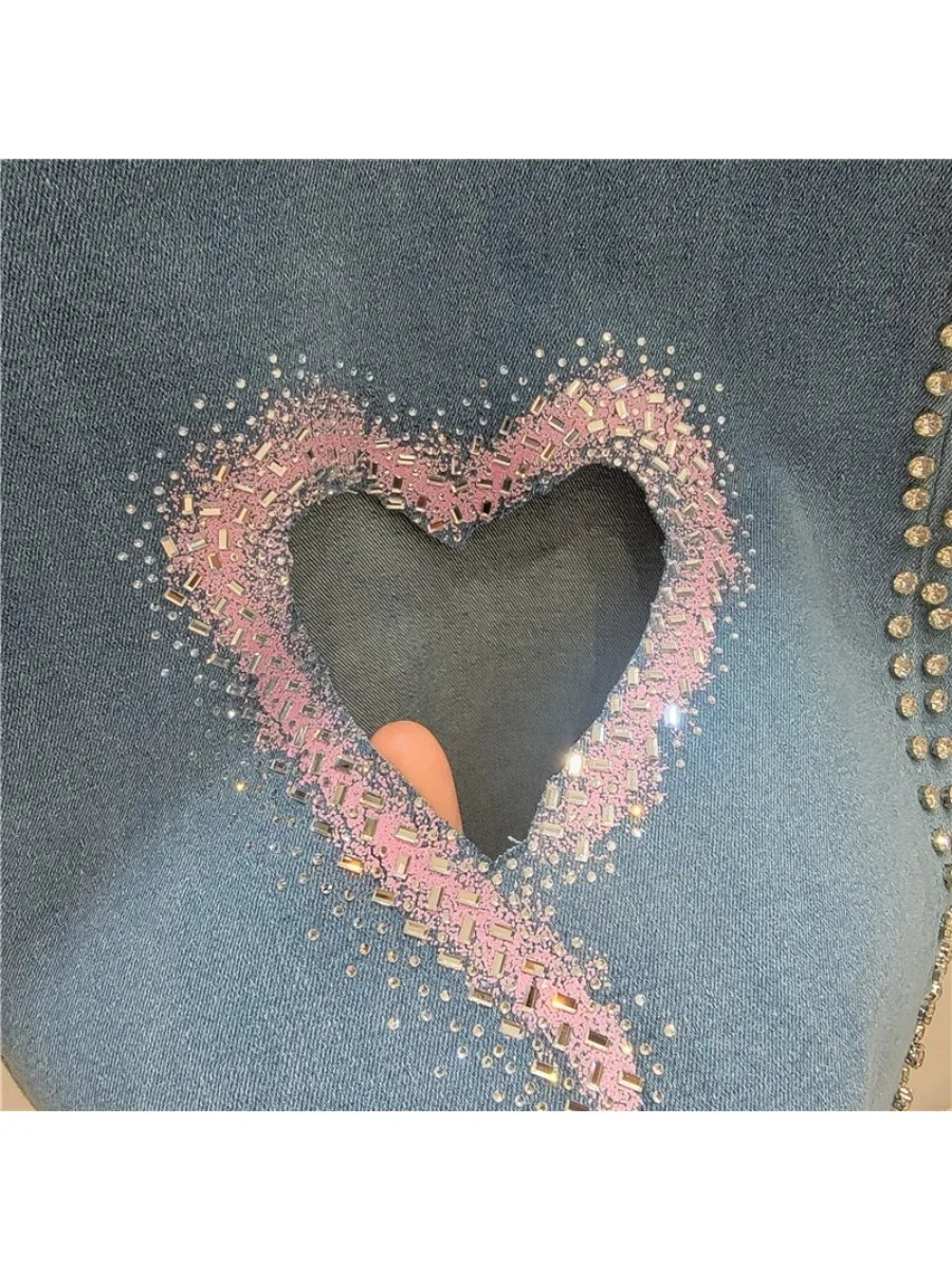 GALCAUR Blue Spliced Hollow Out Diamond Jeans Female High Waist Loose American Retro Women's Wide Leg Pants Summer New Fashion