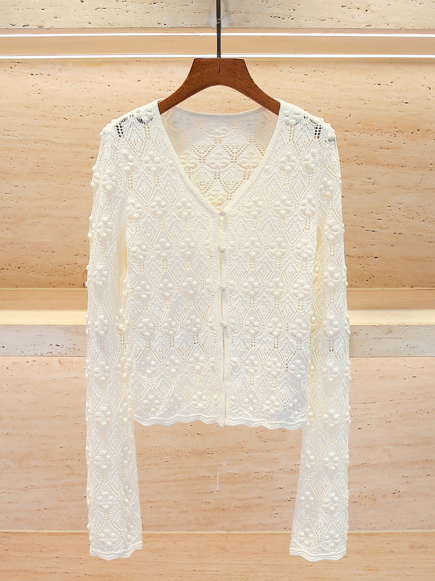 

High-End Women's Knitted V-Neck Open Cardigan Hollow out Hook Flower Design Spring Fashion Commute Style Breathable Regular Fit