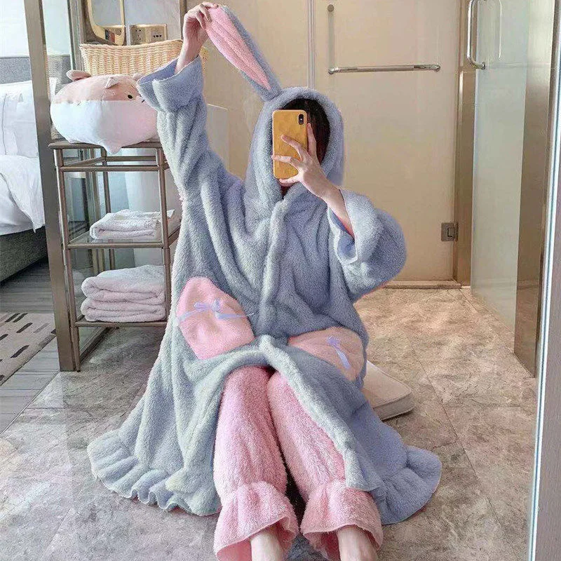Autumn Winter Flannel Warm Nightgowns Pajamas Set Sweet Lovely Coslay Sleepwear Robes Suit Women Long Sleeve Home Suit Pyjamas