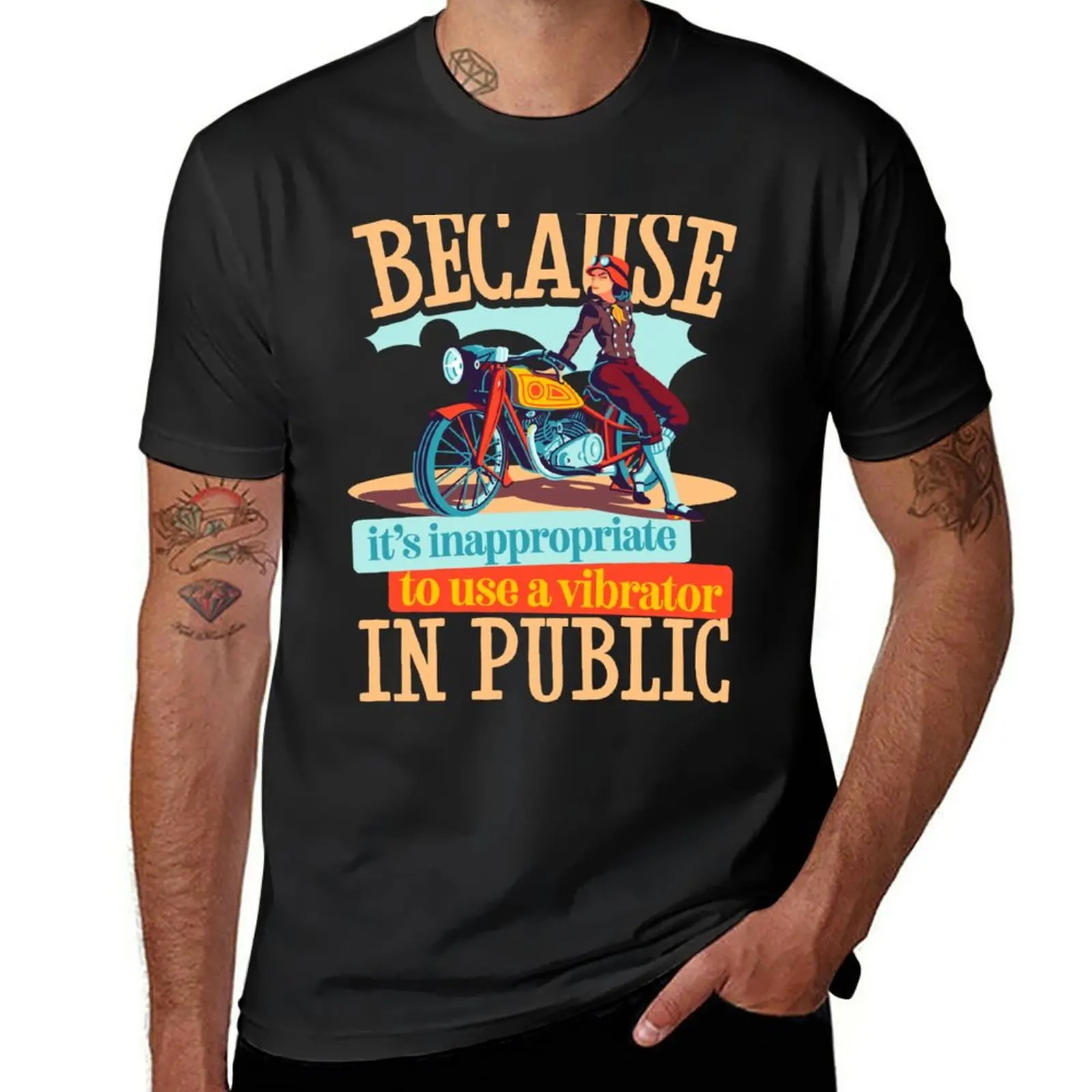 Because it's Inappropriate to use a Vibrator in Public - Dark Version - Illustrated Woman Leaning on Motorcycle in V T-Shirt