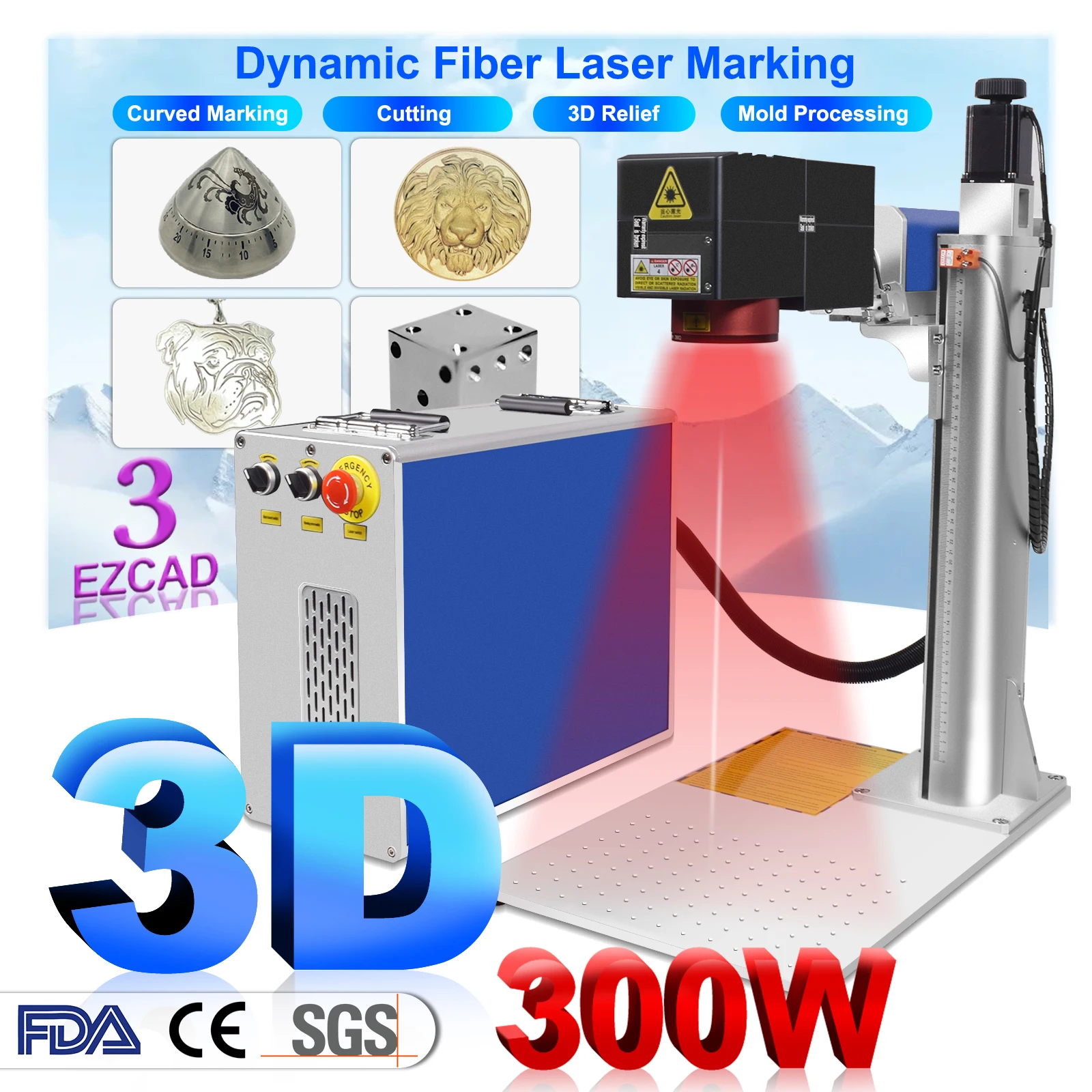 

300W 3D JPT Mopa Fiber Laser Marking Cutting Machine Dynamic 3D Relief Deep Engraving Machine 3 Axis Laser Engraver for Metal