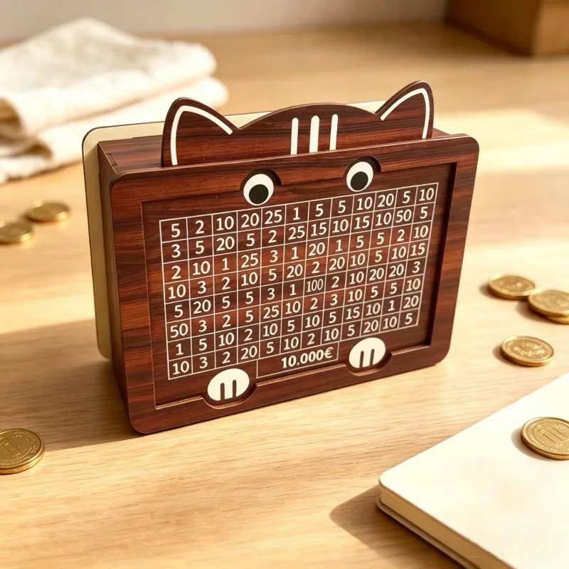 A Cat Shaped Wooden Piggy Bank That Can Store Banknotes and Coins, Only for Storage and Not for Retrieval