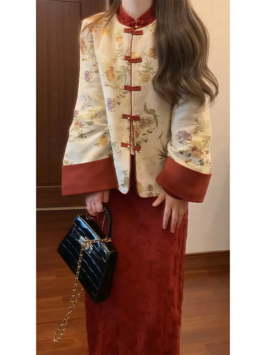 

New 2025 Chinese Style Red Qipao Two-Piece Set Women's Autumn Winter High-End Feelings Outerwear Long Sleeve Pear Body Type