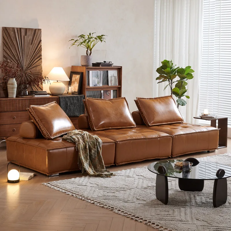 Vintage Piedmont Leather Sofa Living Room Module Sofa Small Apartment Italian Simple Combination Square Sofa