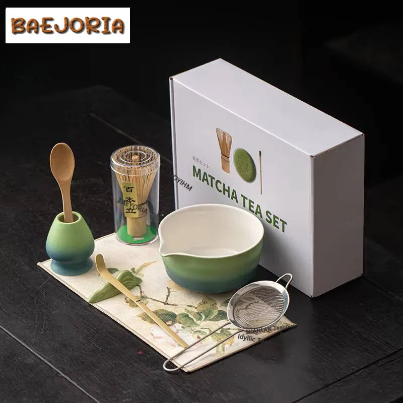 Ceramic Gradient Matcha Eight-piece Set Japanese Style Threaded Tea Bowl Filter Net Whisk Tea Ceremony Tableware Supplies Craft
