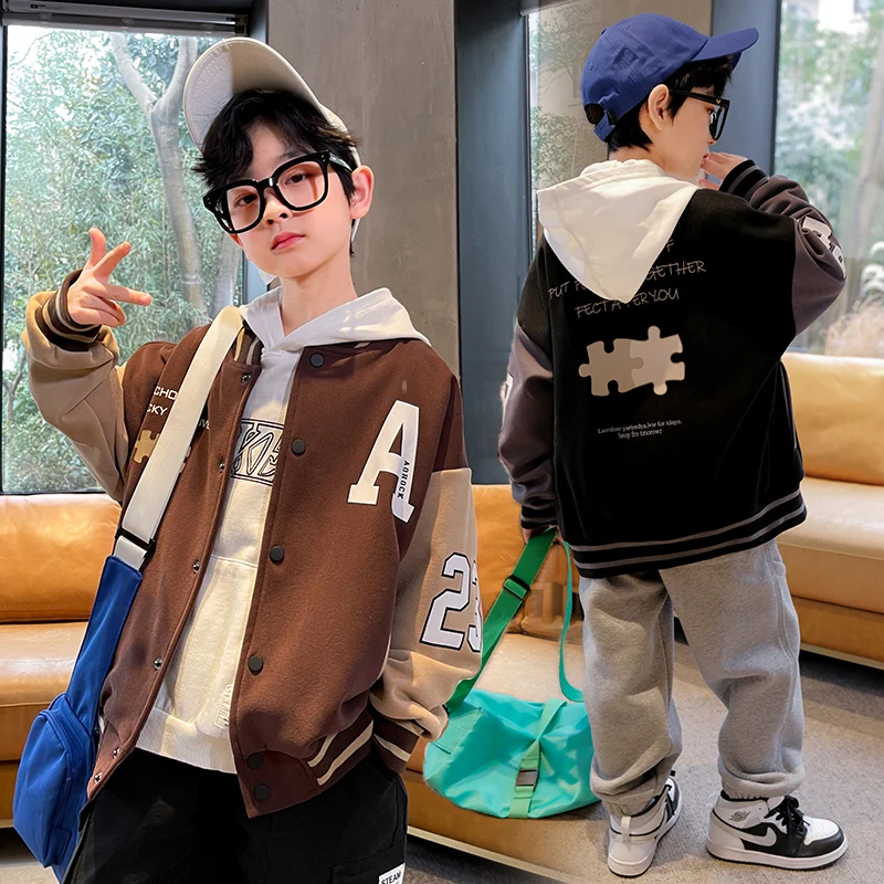 

Spring Autumn Bomber Jacket for Kids Letter Print Outerwear Boy Streetwear School Children Baseball Uniform Coat 4 6 8 10 12 14Y