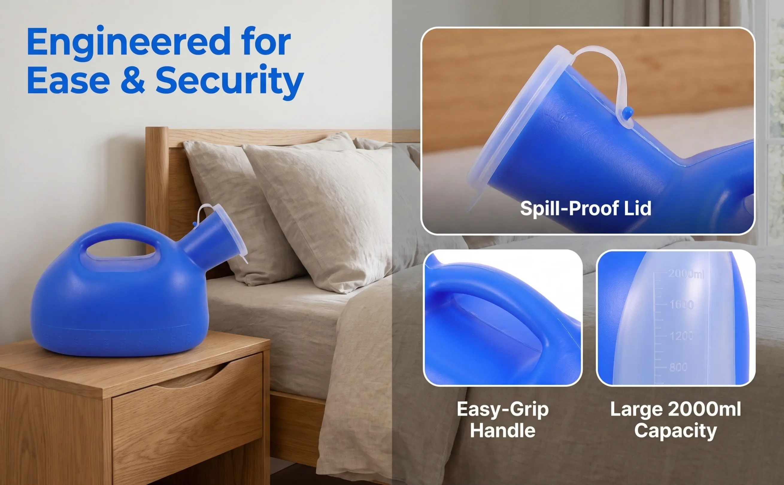 Portable Male Urinal Thickened Spill Proof Lid Reusable Urine Container for Elderly Disabled Travelers Outdoor Car Bed Rail Use