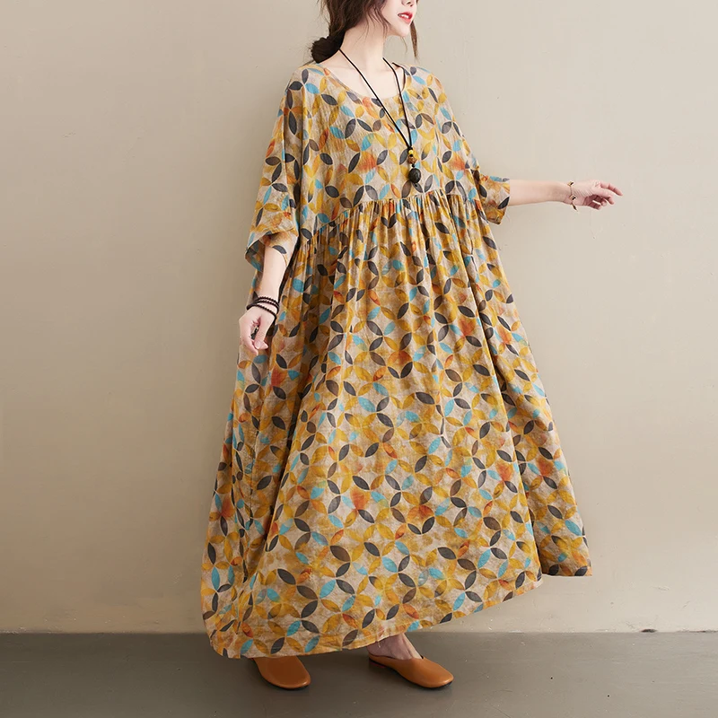 スリムプラスサイズ夏新作ヴィンテージルーズレディースワンピース半袖ロングスカートお腹カバー細見えワンピース