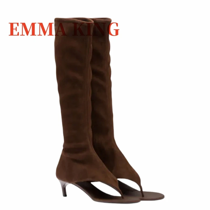 النساء هريرة كعب ثونغ الأحذية الإناث المفتوحة تو تمتد تصميم حذاء برقبة للركبة الربيع الصيف موضة المدرج الأحذية بوتاس دي Mujer